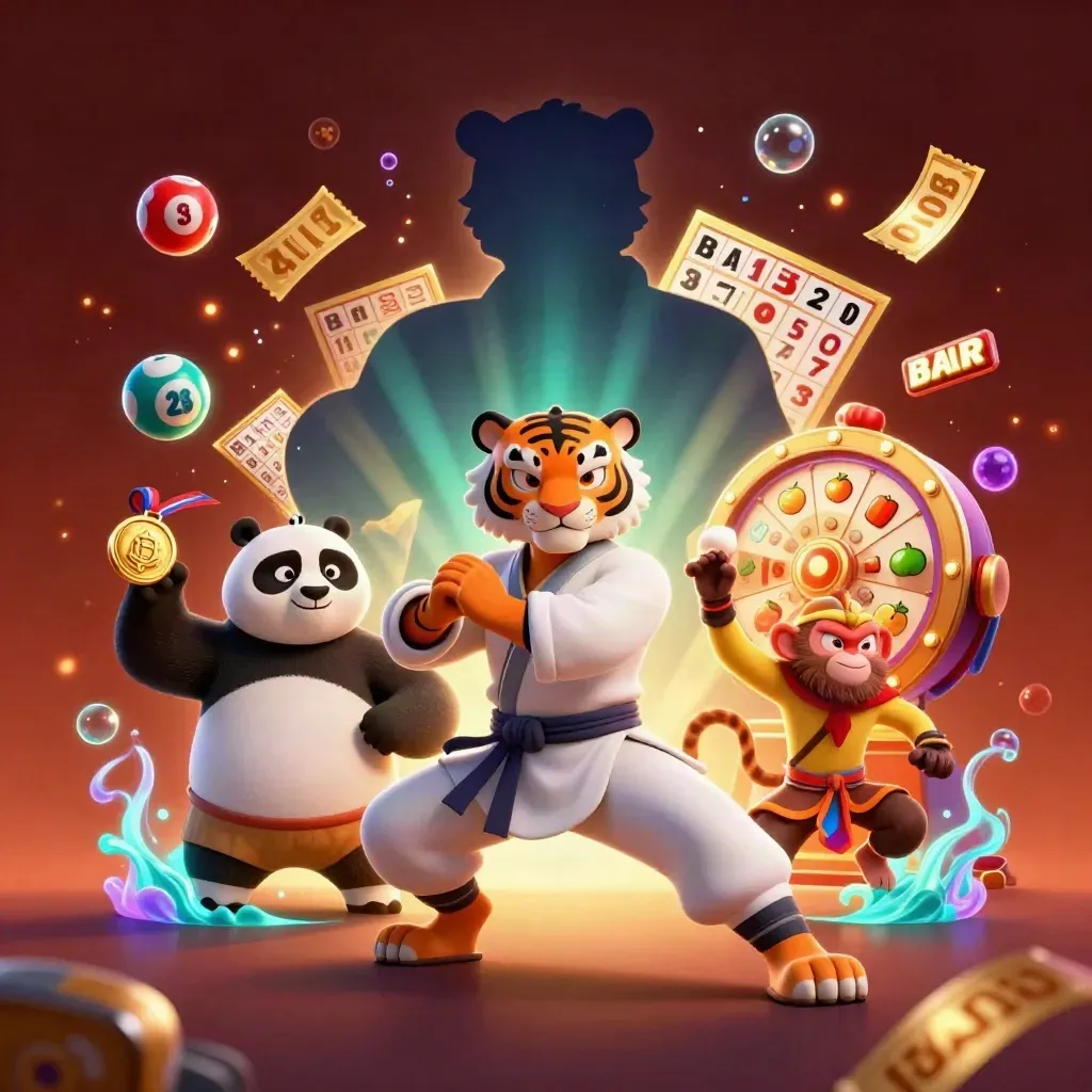 Tiger, panda, and monkey in a flashy casino battle scene with glowing game symbols