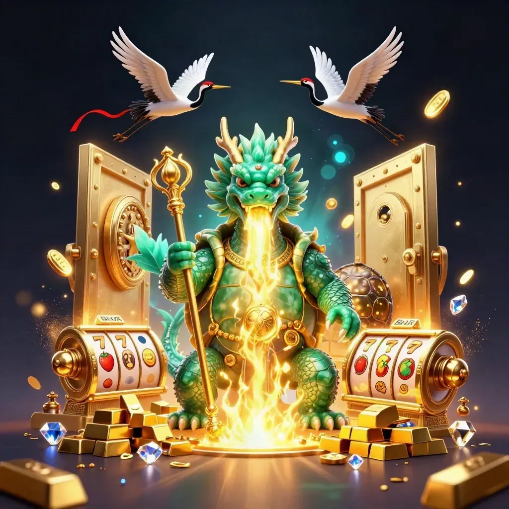 Golden dragon, turtle sage, and ribboned cranes amid vault gold, gems, and casino sparks.