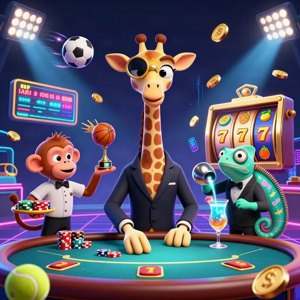 Giraffe high roller, monkey valet, and chameleon bartender amid neon casino chaos and flying sports props