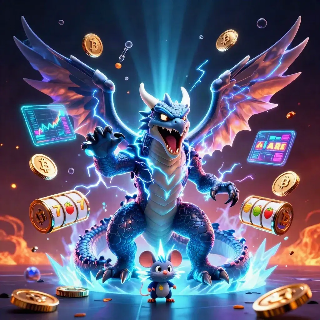 Thunder dragon, wind hawk, and static mouse amid casino coins, reels, and electric lightning.