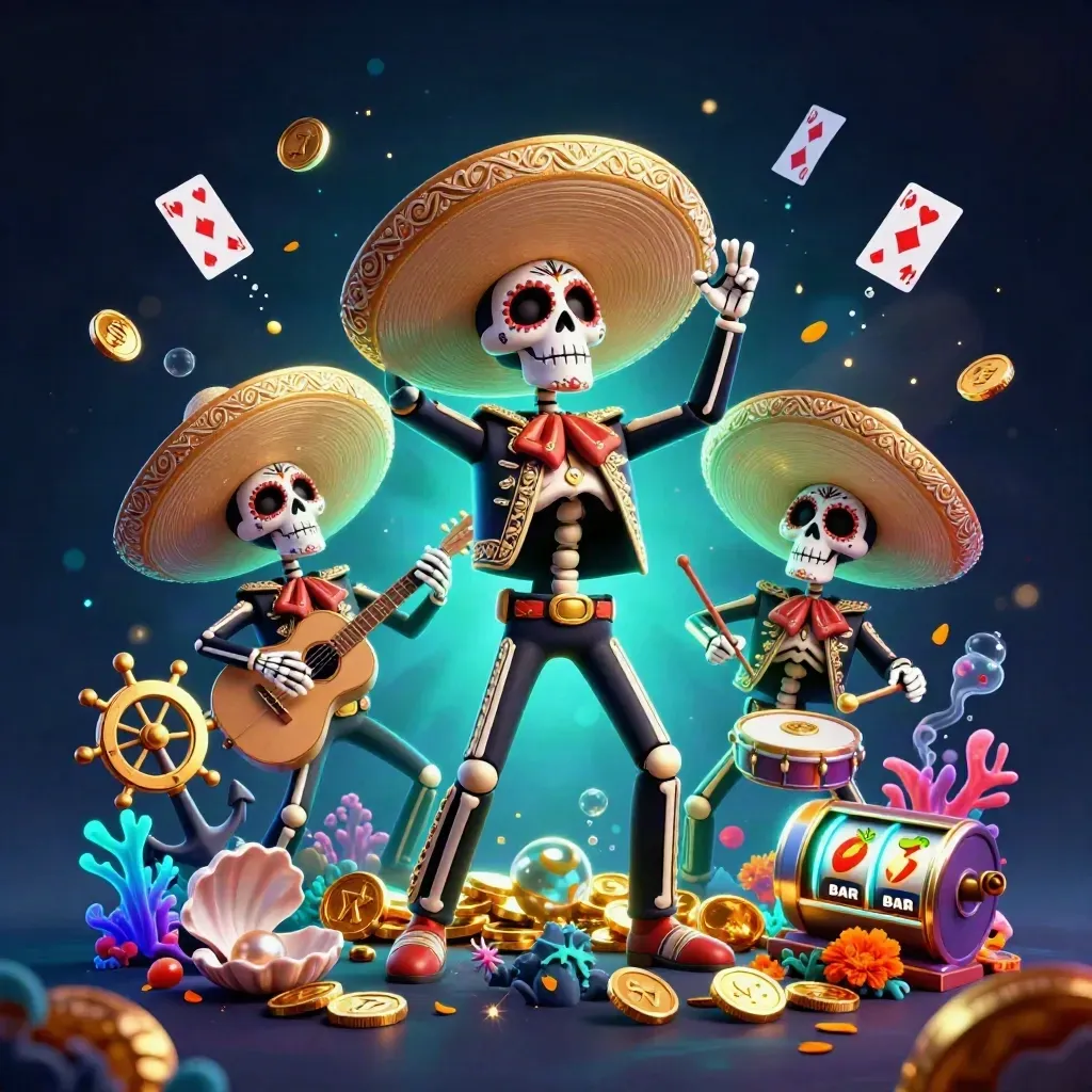 Day-of-the-Dead skeleton mariachi trio amid underwater treasure, coins, coral, cards, and glowing casino effects