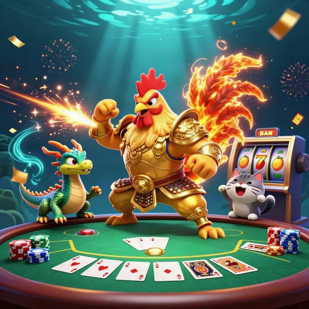 Rooster warrior, spark-breathing hatchling, and fortune-cat amid chips, aces, reels, and casino glow.