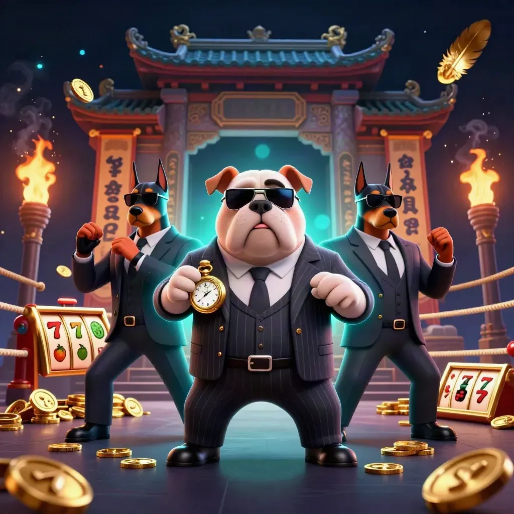 Mafia bulldog and Dobermans amid casino coins, slot reels, temple gate, and neon sparks.