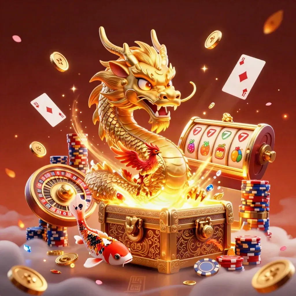 Golden dragon, phoenix, koi, coins, chips, roulette wheel and slot symbols in a premium casino splash scene