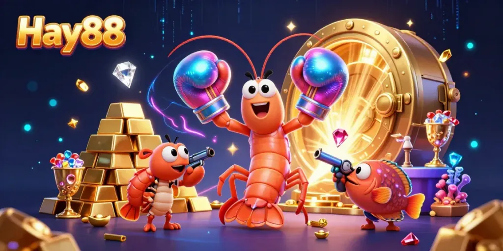 Experience the thrill of Hay88, featuring vibrant cartoon characters and gold treasure in a dynamic casino scene.