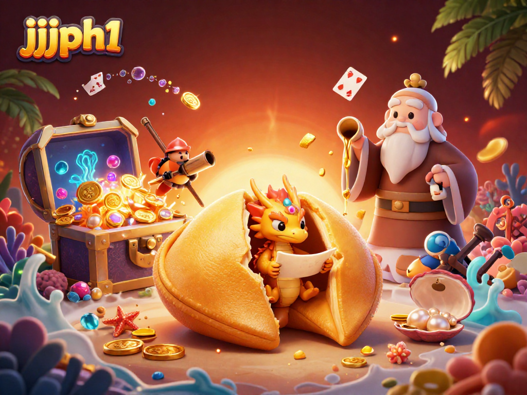 Tumaya sa jjjph1 ng masayang golden fortune cookie na may dragon at ginto na nag-aanyag ng masayang laro.