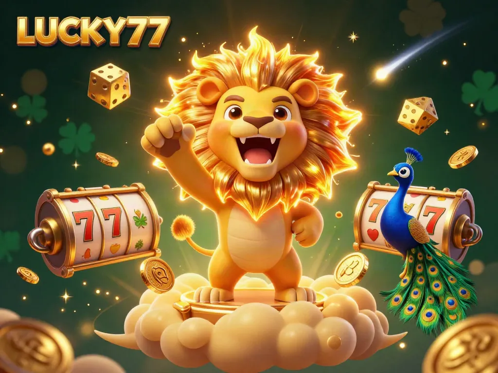 Experience the excitement of LUCKY77 with a triumphant lion and playful casino elements in vibrant 3D.