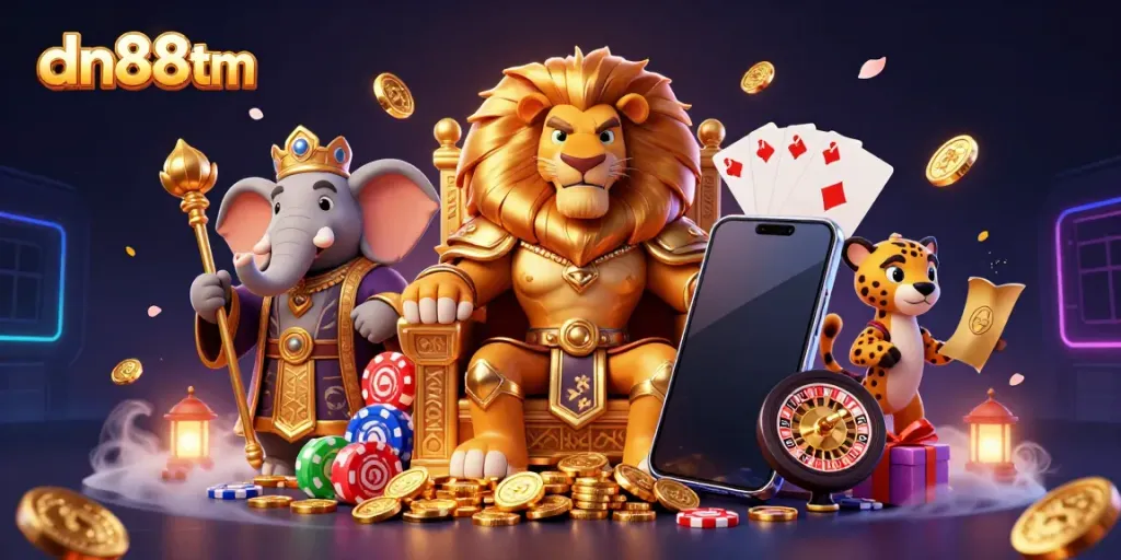Experience excitement with dn88tm's vibrant casino adventure featuring a lion king, elephant advisor, and cheetah messenger.