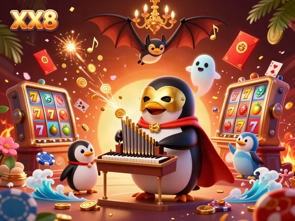 Experience the thrill of slots with XX8 in a dynamic casino scene featuring cartoon penguins and golden coins.