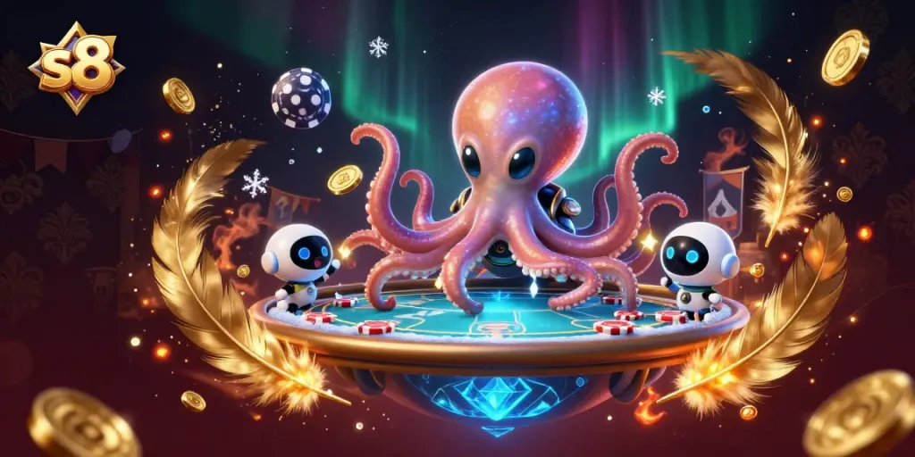 s8 gamblers enjoy thrilling gameplay at a neon-lit holographic poker table with futuristic characters
