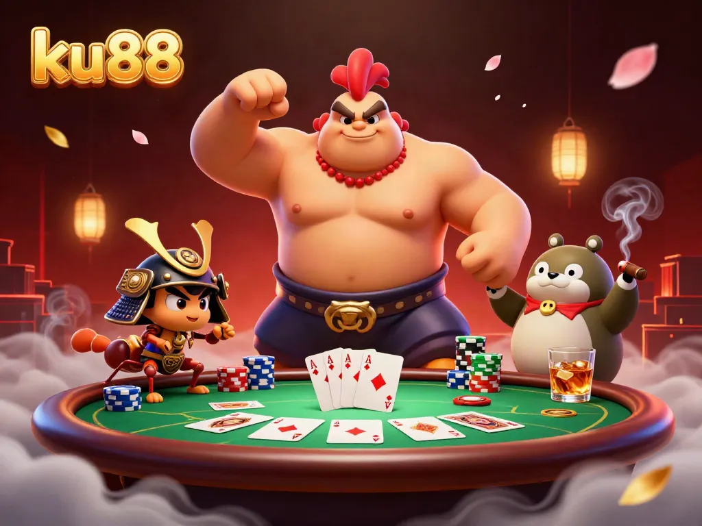 Experience the thrilling action of ku88 as characters engage in a vibrant casino battle scene with poker elements.