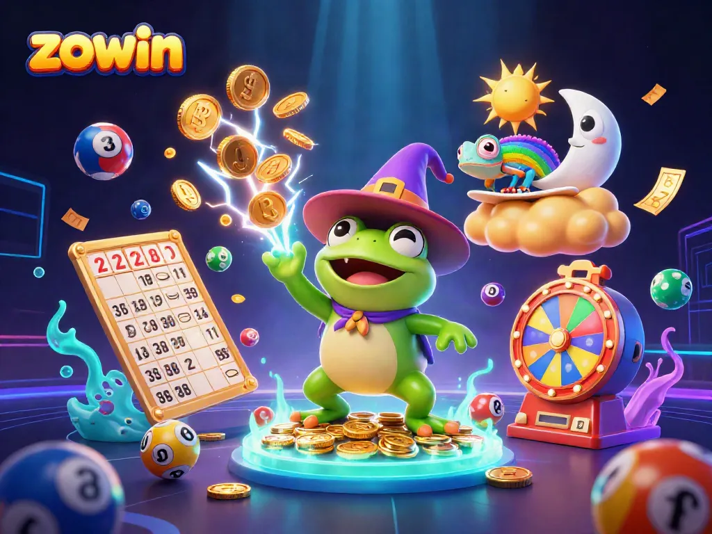 Engage with exciting casino games at zowin, featuring dynamic elements like golden coins, lottery balls, and vibrant prizes.
