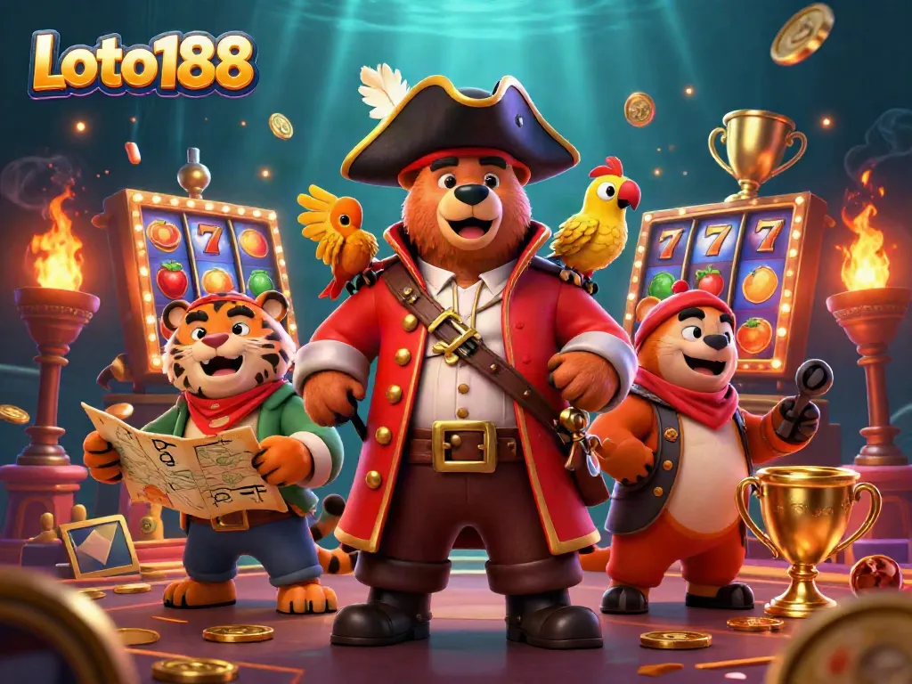 Loto188 features a vibrant 3D pirate-themed casino scene with characters and slots for engaging gameplay.