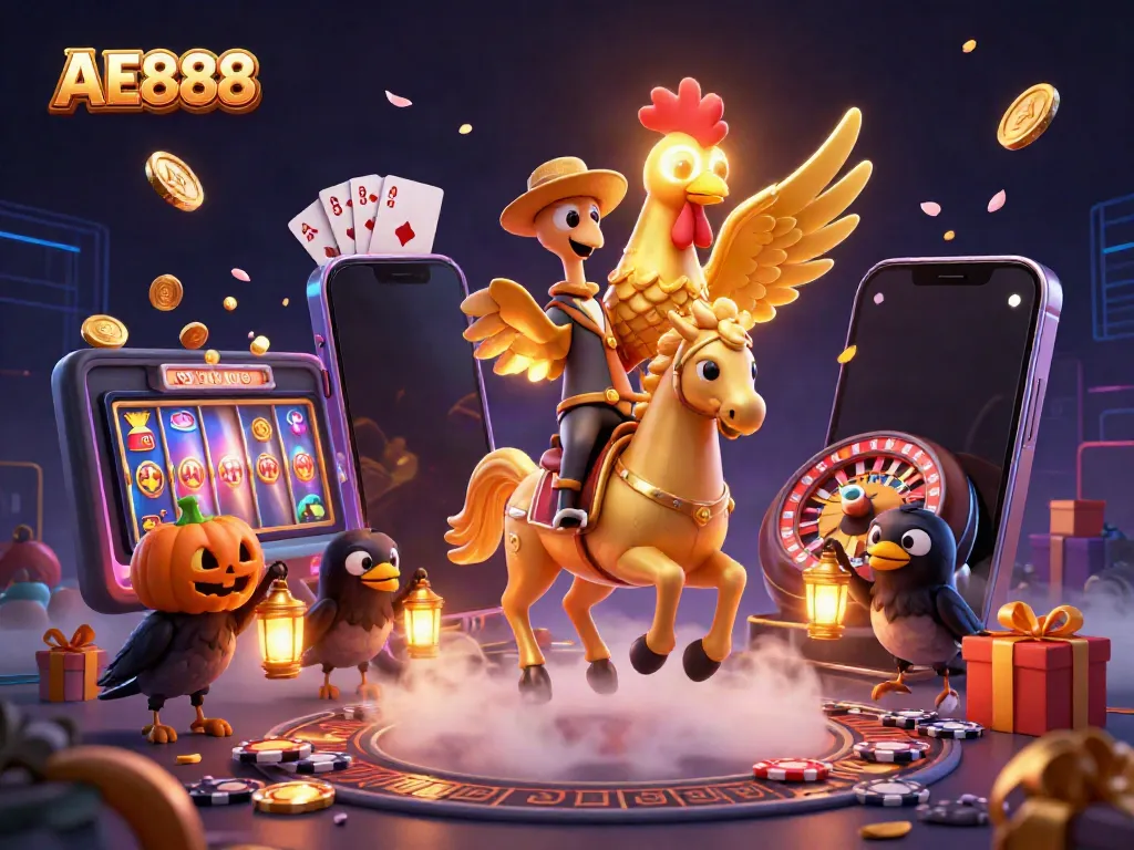 Experience thrilling gaming with AE888, featuring a golden rooster in a casino scene full of vibrant elements.