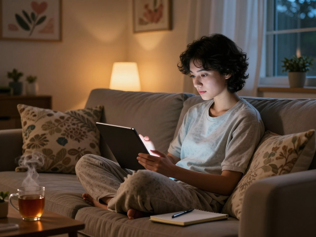 A person engaged in ai sex chat on a tablet in a cozy, dimly lit room.