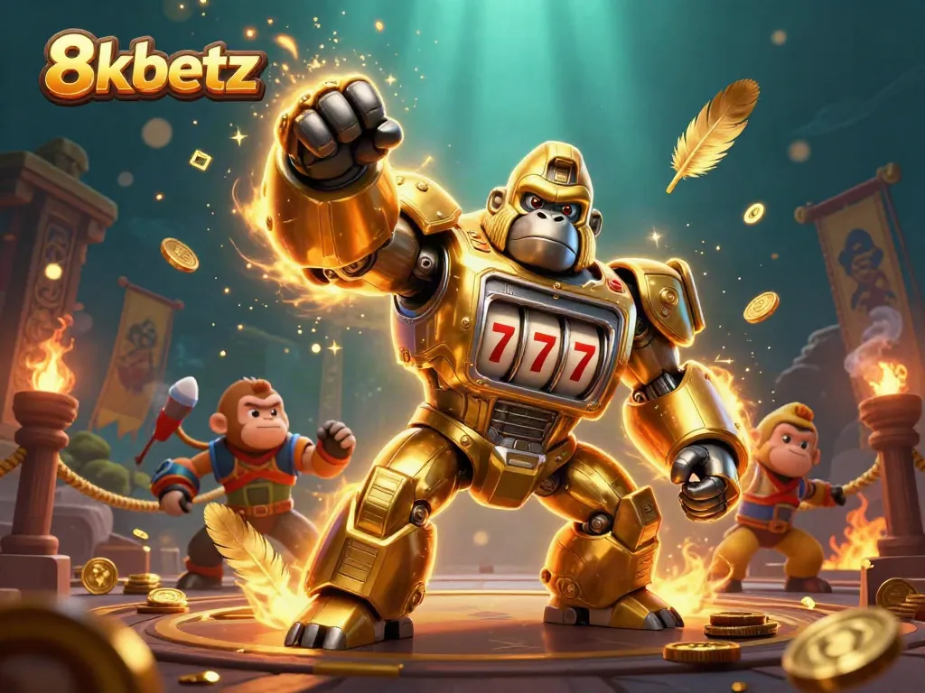 Witness the vibrant action in 8xbetz as a golden gorilla mech bursts forth with casino-themed excitement.