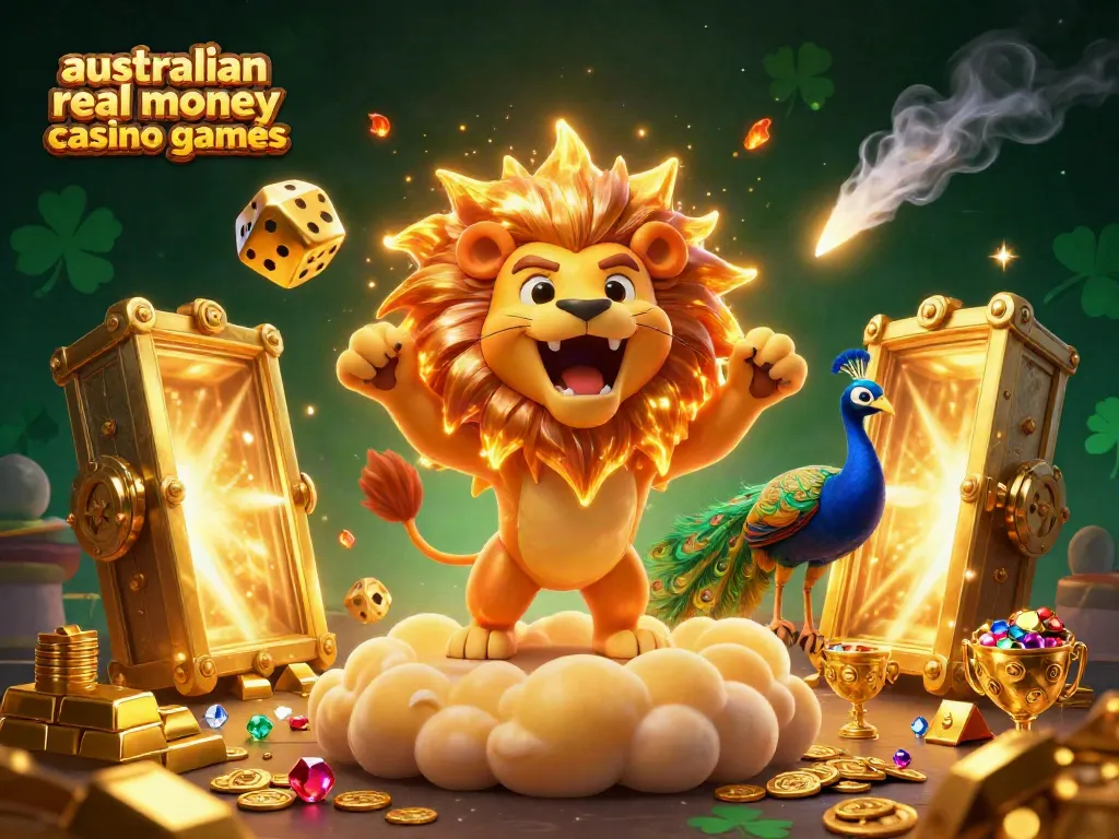 A powerful scene depicting australian real money casino games with a roaring sun lion, golden dice, and sparkling treasures.