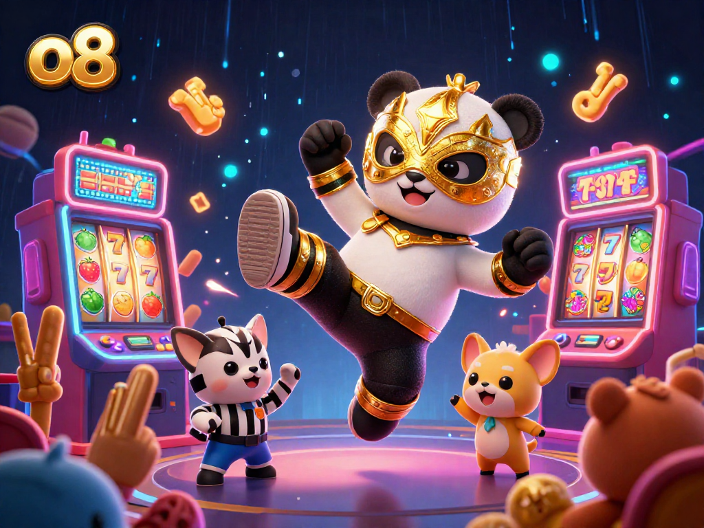 Join the excitement at o8 with a panda wrestler kicking amid colorful slot machines and cheering animal fans.