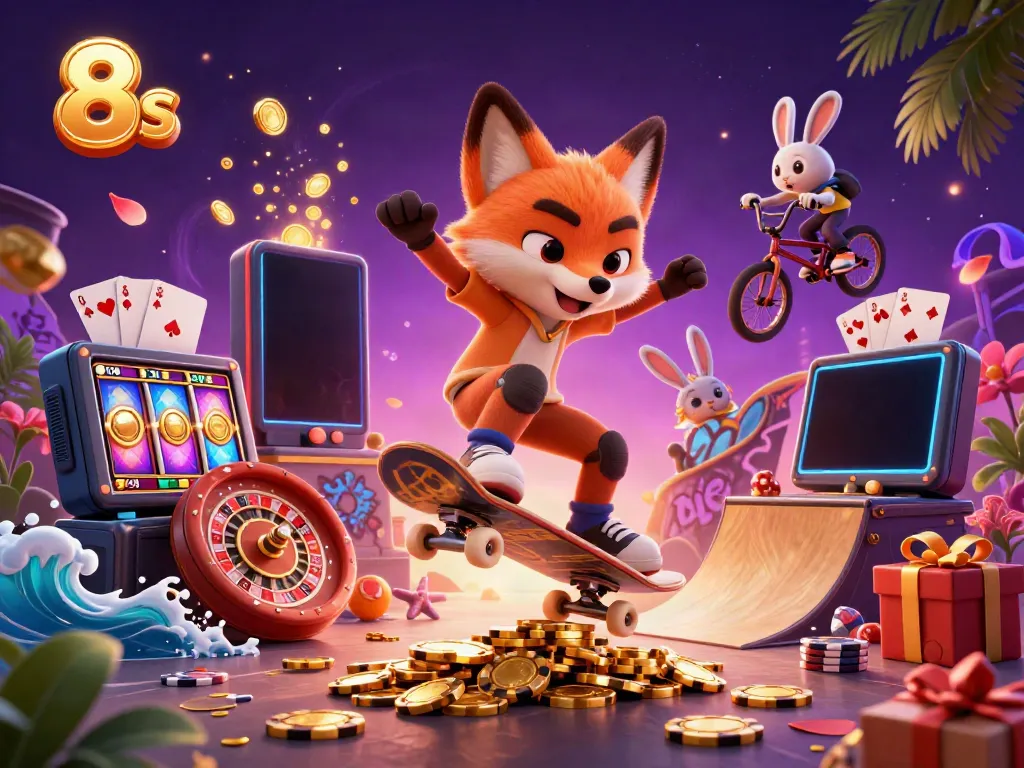 Experience thrilling casino action with 8s in a vibrant 3D illustration of fox characters and gaming elements.