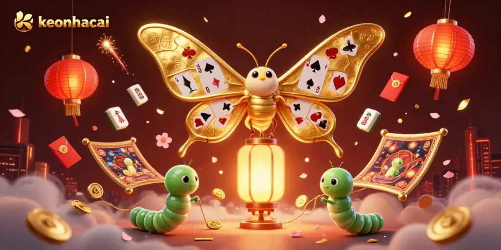 Engage with the keonhacai scene featuring a majestic atlas moth and vibrant casino elements.