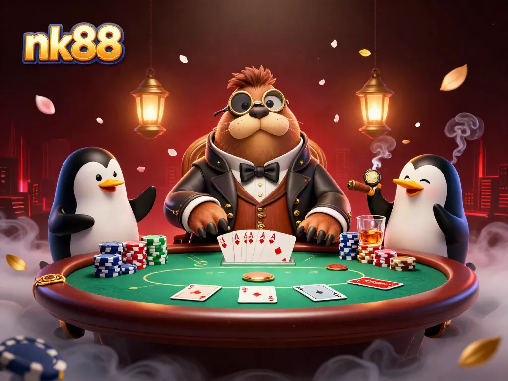 Experience nk88 with a wealthy walrus at a vibrant poker table, showcasing extravagant game elements.