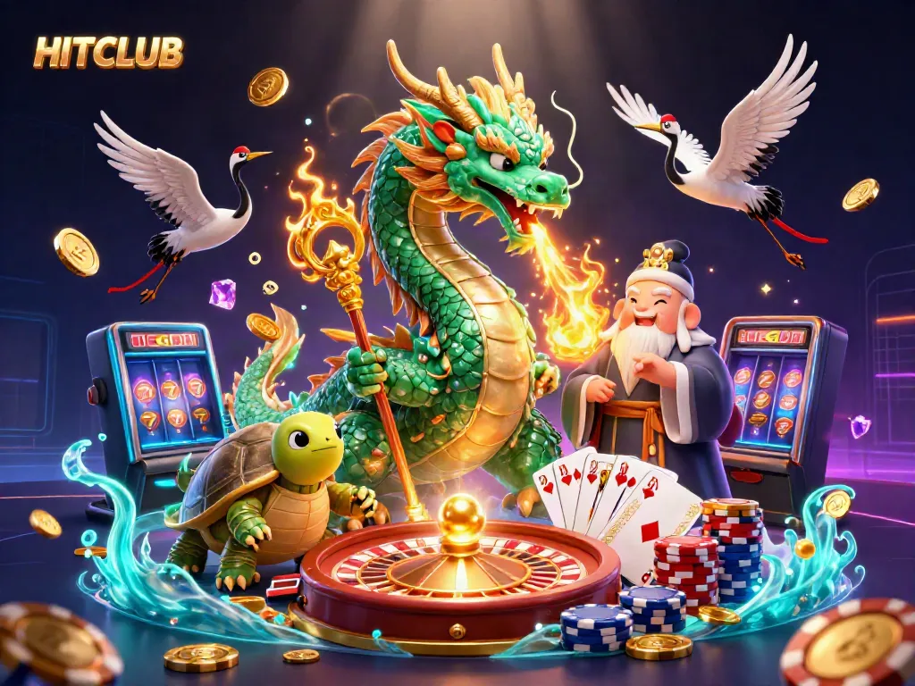 Engage with HITCLUB through an immersive casino scene featuring a dynamic dragon and sage amidst golden treasures.