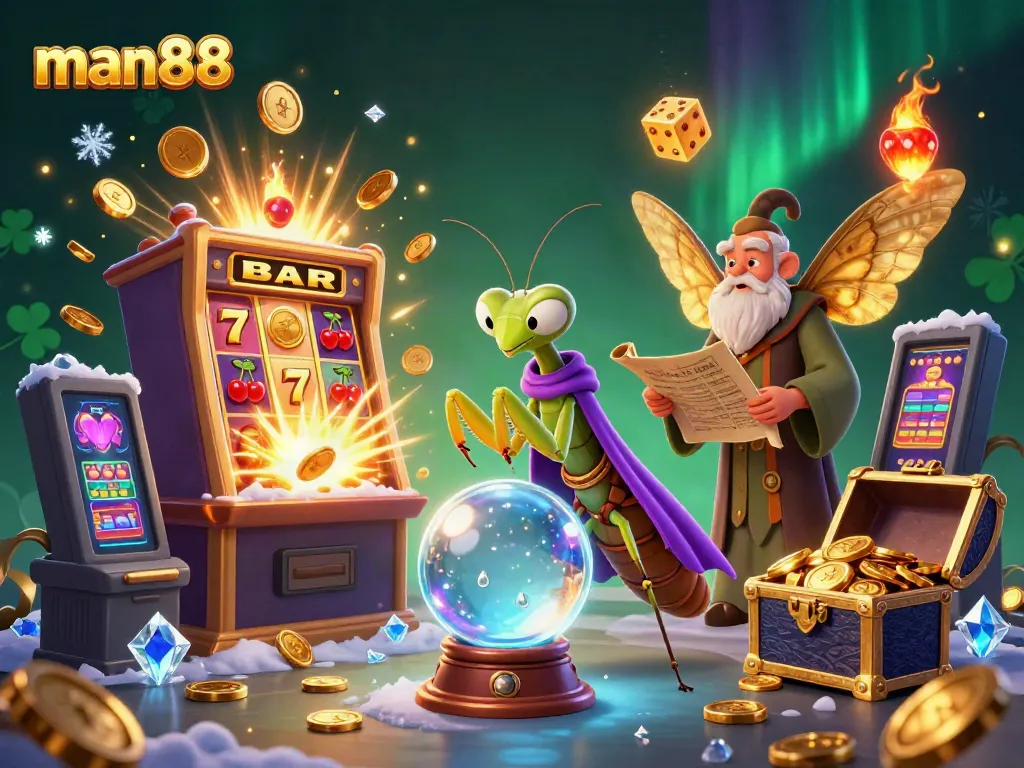 Win big with man88 showcasing lively characters and vibrant casino elements in a magical setting.