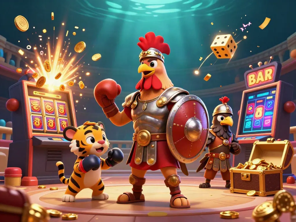 Engage in thrilling gameplay with phwin as a cartoon rooster warrior and friends celebrate a massive jackpot.