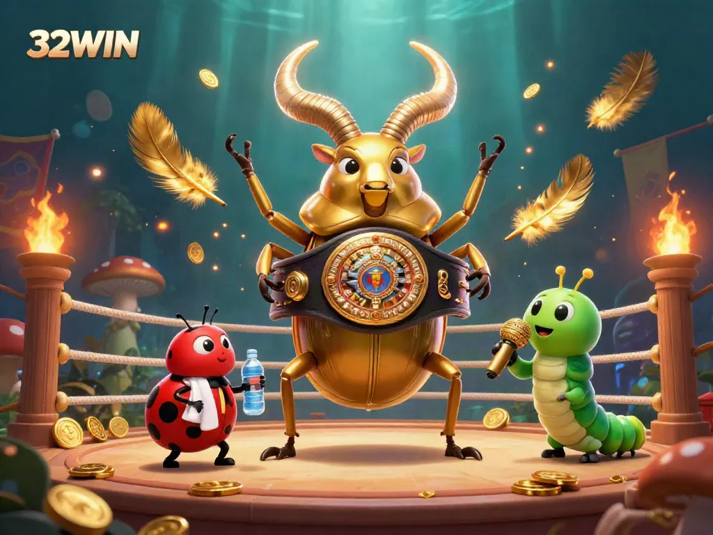 Experience the thrilling atmosphere of 32WIN casino with a dynamic battle scene of characters amidst gold coins and vibrant effects.
