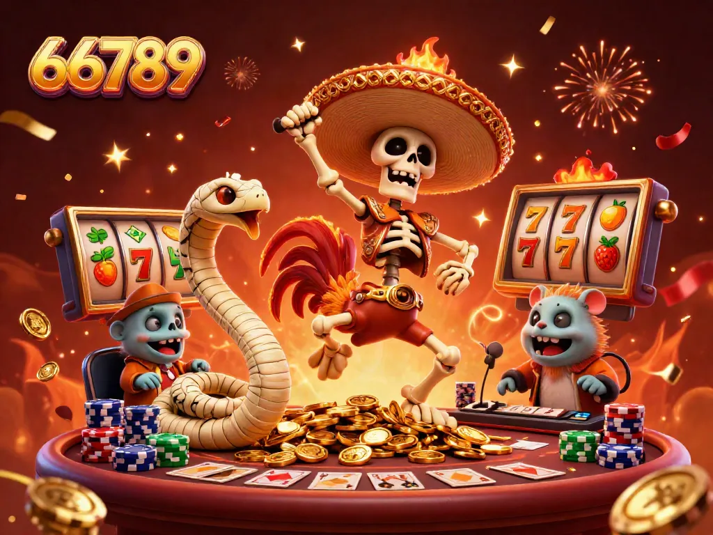 Experience thrilling wins at 66789 with lively characters surrounded by slots, poker, and vibrant casino action.