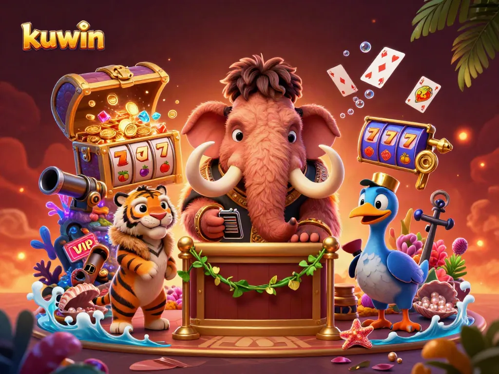 Kuwin Casino illustration featuring a bouncer woolly mammoth, saber-tooth tiger guest, and vibrant gaming elements.