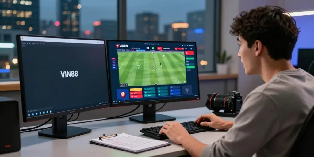 Excited user engaging with sports betting on https://vin88.team/ in a modern online gaming interface.