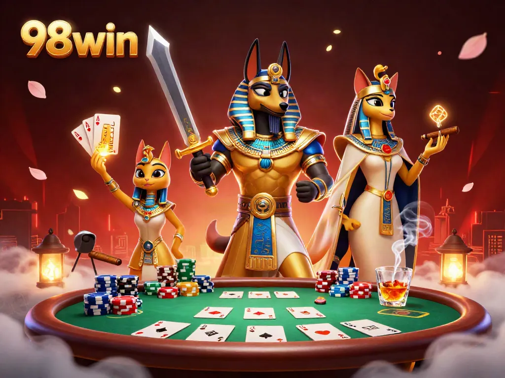 Engage with the vibrant atmosphere of 98win as ancient Egyptian figures play poker amidst dynamic casino elements.