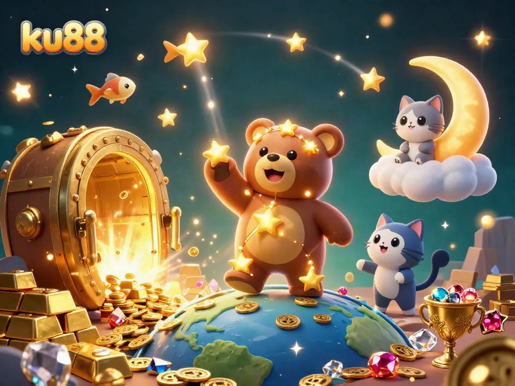 ku88 offers a winning atmosphere with golden treasures and vibrant casino elements encouraging play.