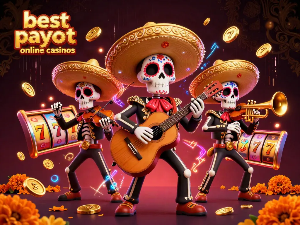 Playing at the best payout online casinos with Dia de los Muertos skeleton mariachis celebrating wins amidst vibrant game elements.