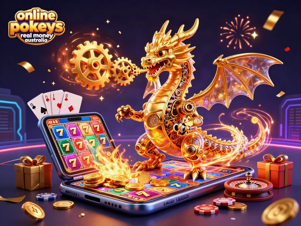 An engaging illustration of online pokies real money Australia, featuring a golden dragon, vibrant slot games, and festive casino elements.