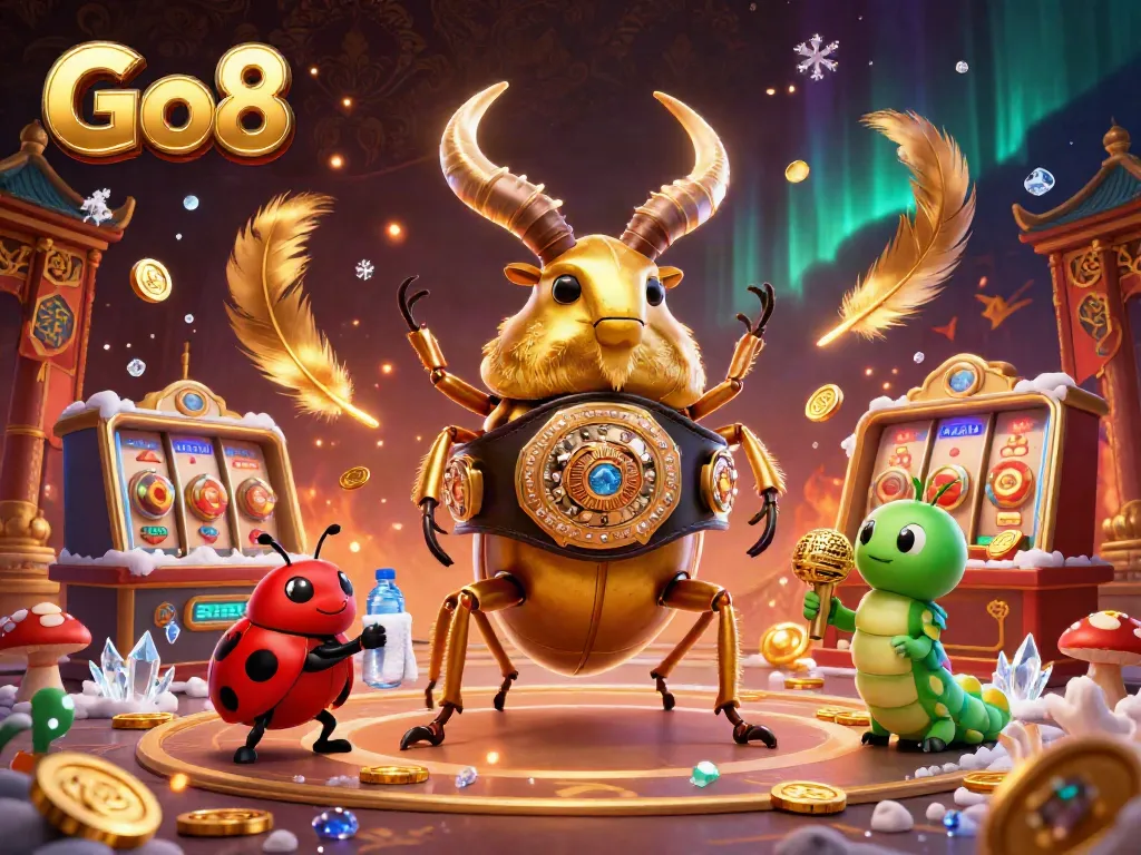 Engage with Go8’s exciting gambling ecosystem through a vibrant 3D illustration featuring a championship beetle amidst dynamic casino elements.