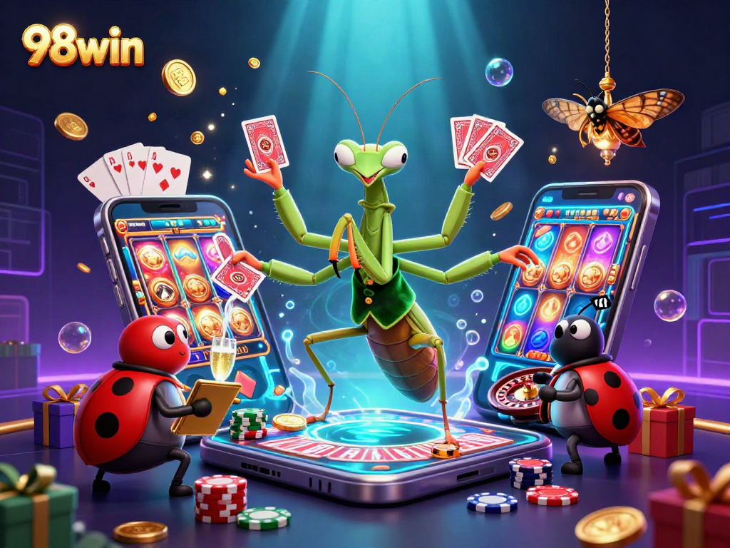 Experience thrilling slot action with 98win while a giant praying mantis and ladybug deal cards.