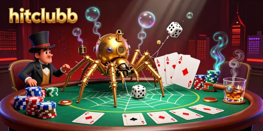 Experience the dynamic world of hitclubb with vibrant poker elements and a whimsical spider character.