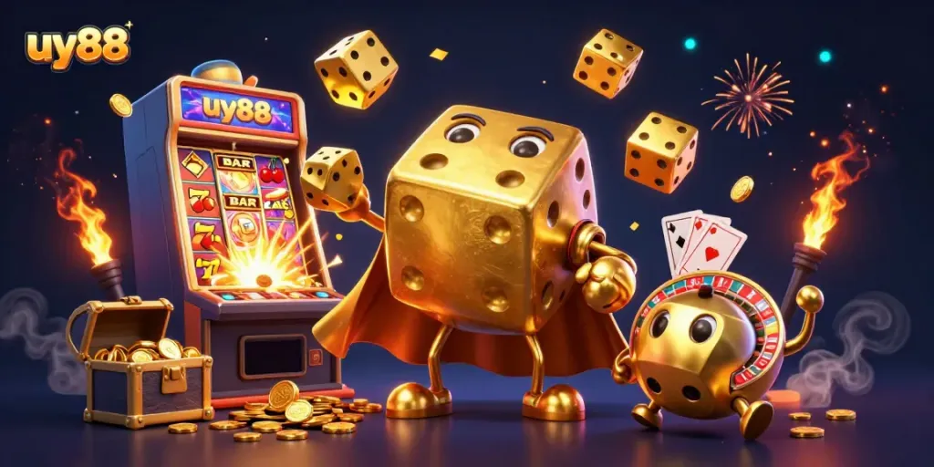 Experience thrilling gameplay at uy88 with vibrant 3D casino elements and gold coins flying.