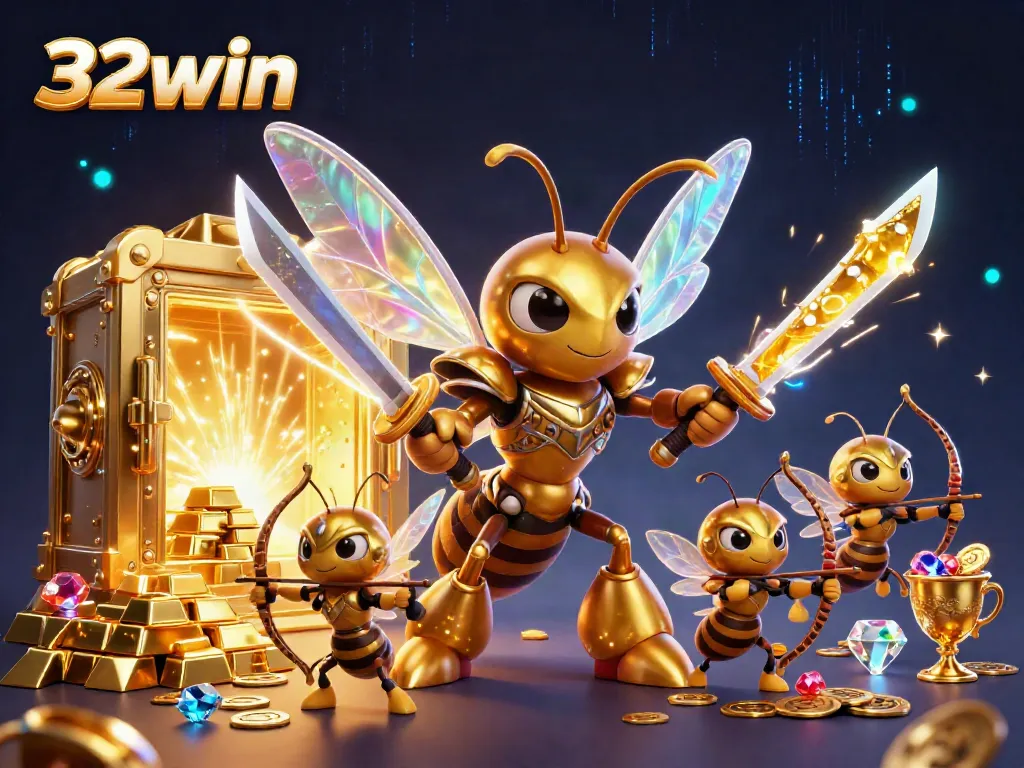 Experience the excitement of 32win with vibrant golden hornets and jewels in this immersive casino scene.
