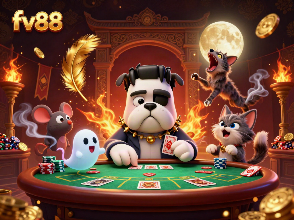 Experience thrilling poker action with fv88’s enchanting 3D scene featuring a magical bulldog dealer and playful ghost mouse.