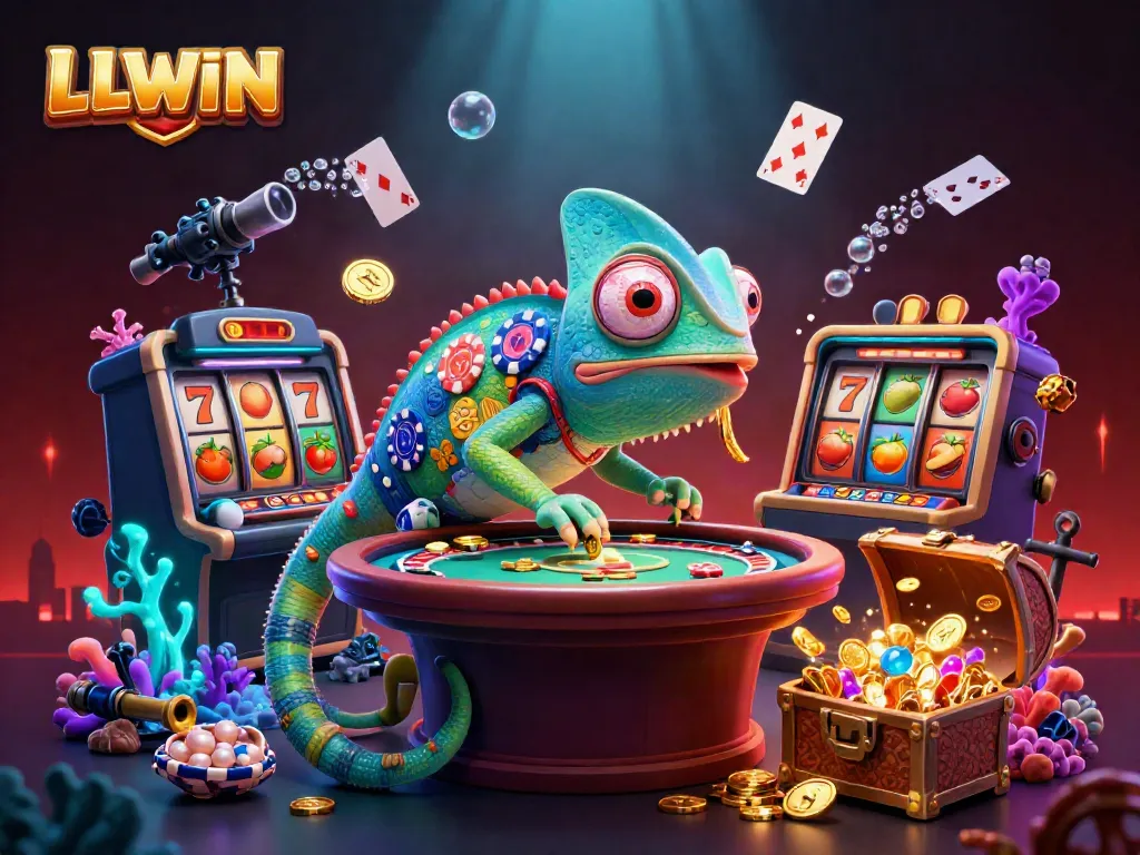 Experience LLWIN's vibrant casino world with a colorful chameleon overseeing thrilling slot games.