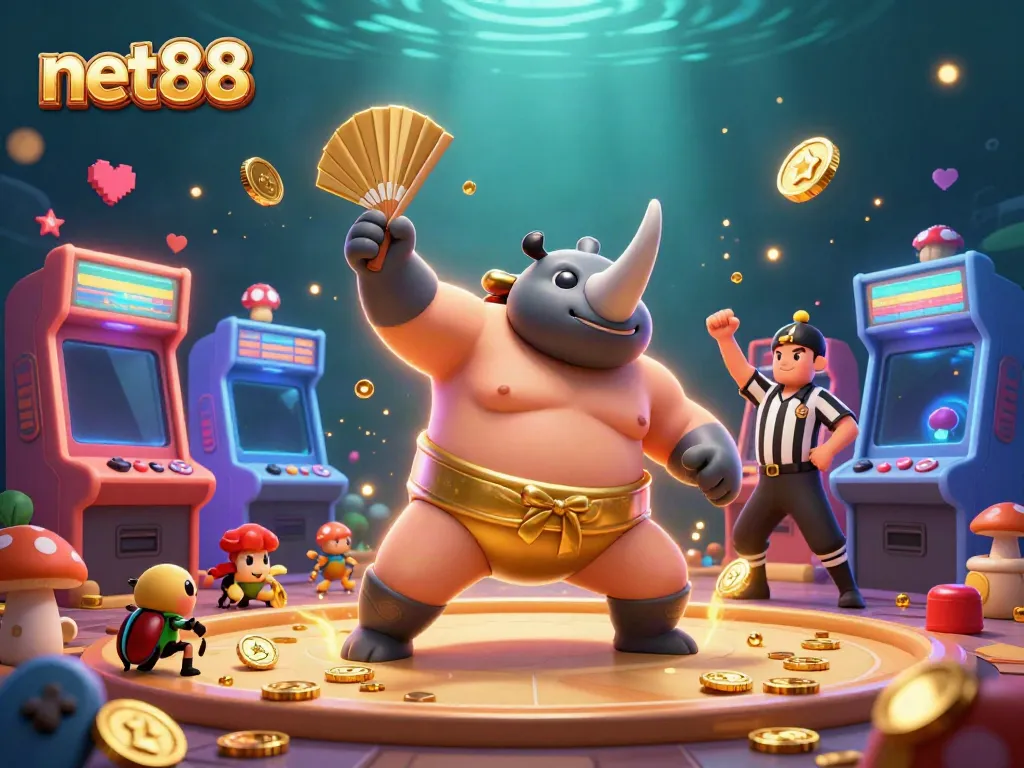 Witness net88's vibrant casino scene where a rhinoceros beetle champion sends coins flying while competing.