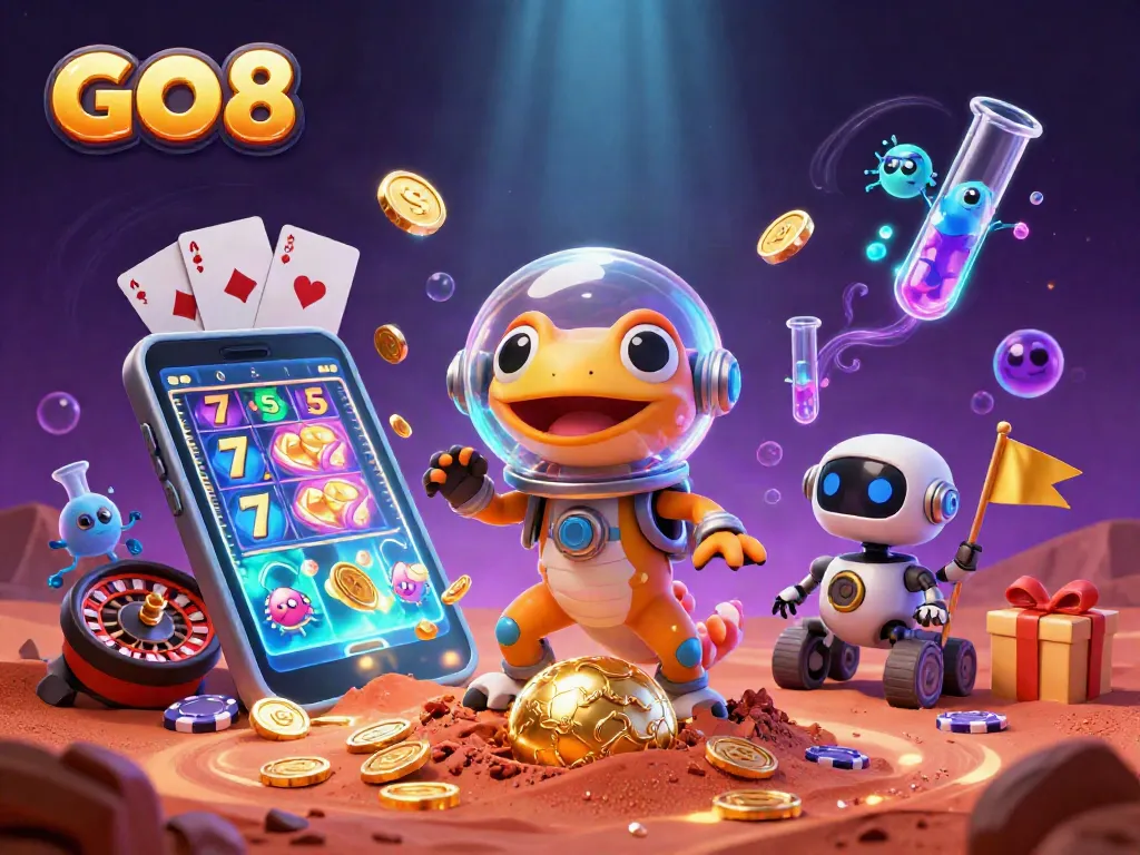 Engage in thrilling gameplay at GO 8 with a colorful scene of an adventure involving slots and lucky 7s.