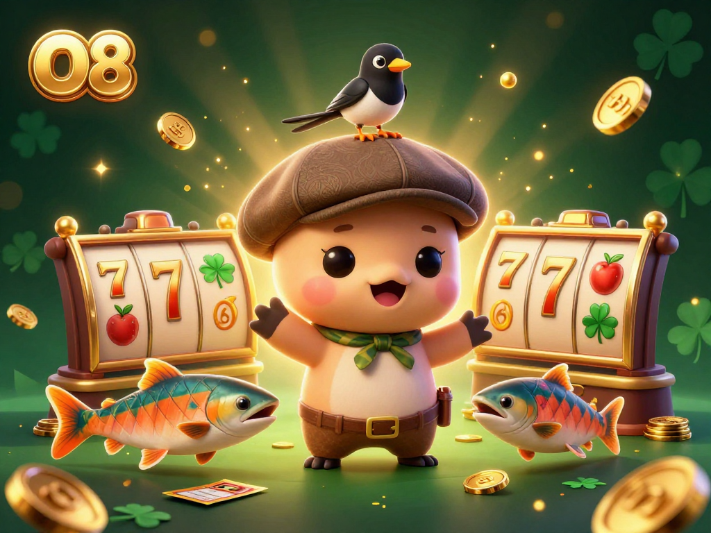 Experience the thrill of O8 casino with vibrant 3D characters and casino elements in action.