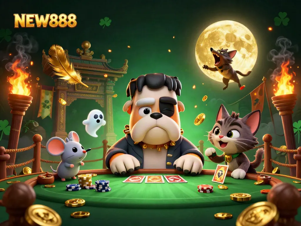 Experience thrilling card games with NEW888 in a vibrant, spooky casino scene featuring unique characters.