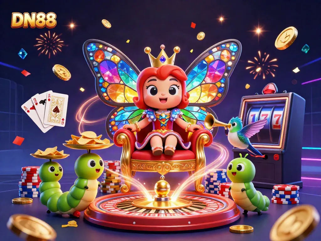 Experience thrilling entertainment with DN88 featuring a vibrant butterfly queen amidst casino elements.