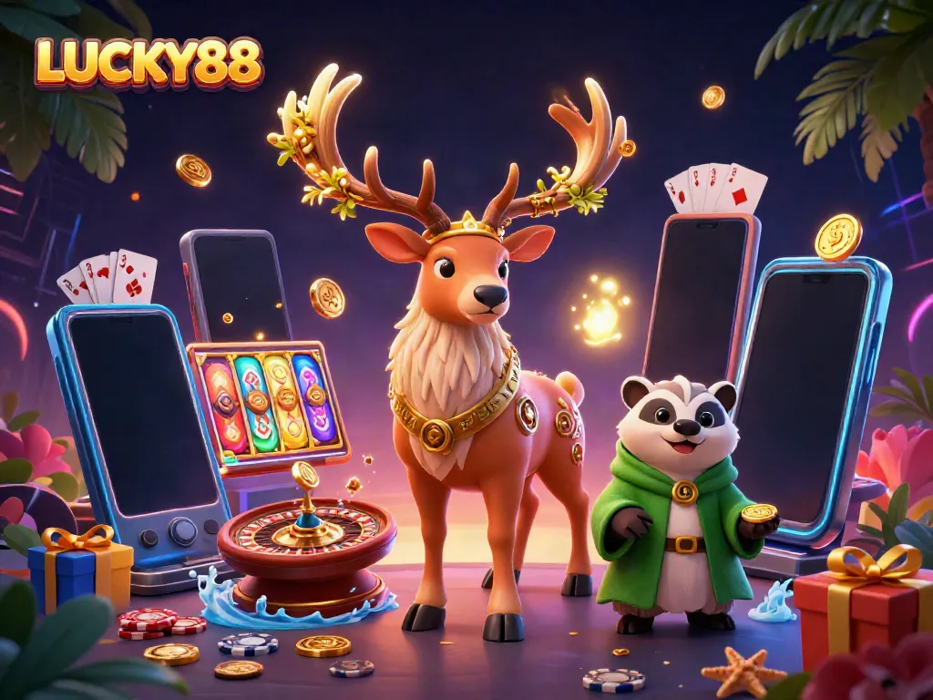Experience the excitement with LUCKY88, featuring dynamic slot games and glowing mystical elements.