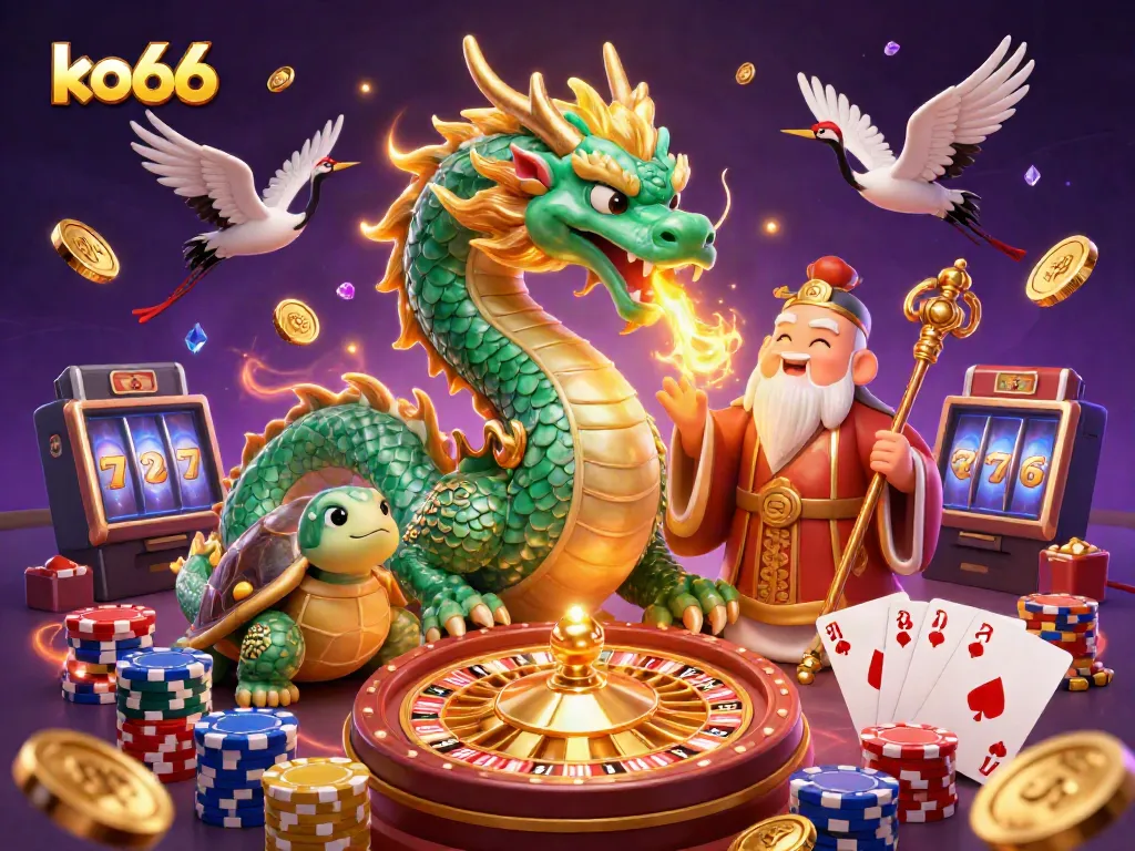 Experience the thrill of casino gaming with ko66's vibrant 3D illustration featuring rich gambling elements.